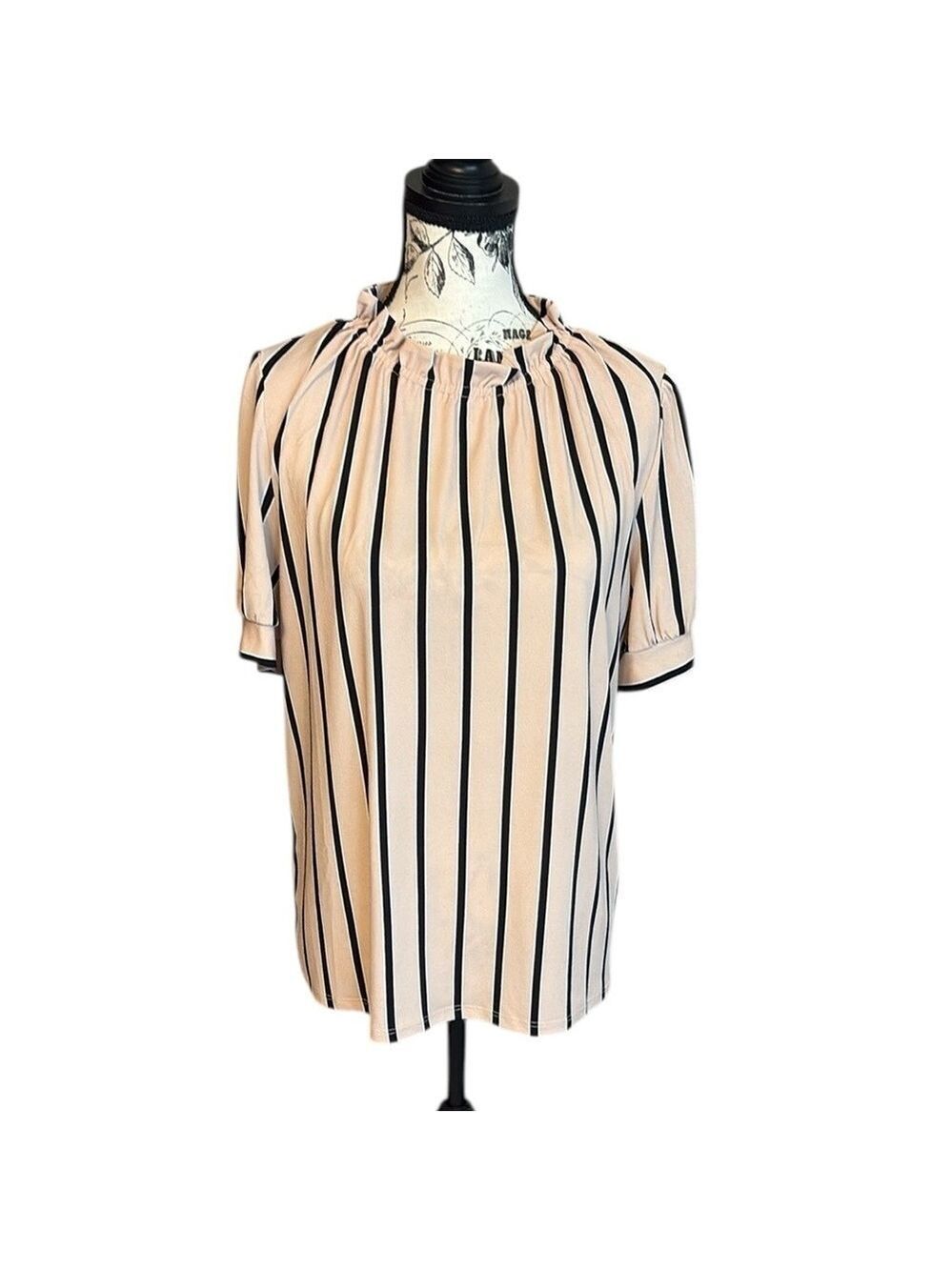 Adrianna Papell Striped Blouse Ruffle Black and Pink Size L New